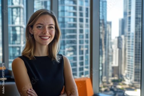 Free Download Smiling Businesswoman in High-Rise Office with Large Floor-to-Ceiling Windows - GFXLoad