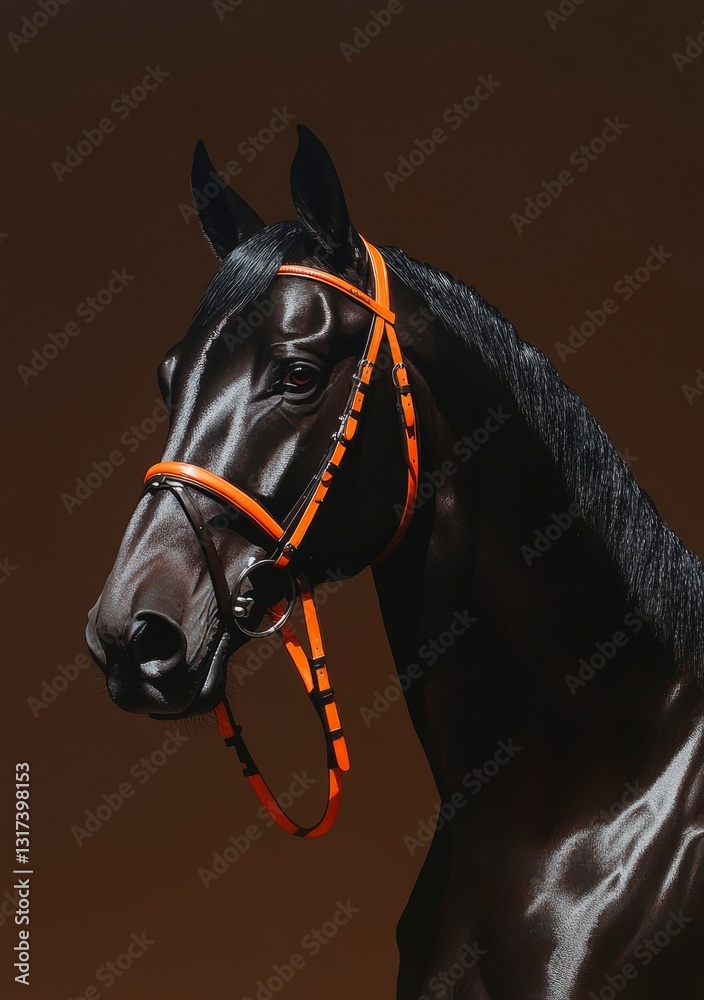 Fototapeta premium Black Horse Portrait, Orange Bridle, Studio Shot