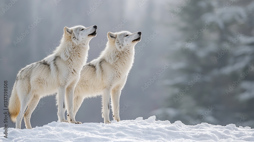 Fototapeta premium Two Arctic wolves howling in snowy winter forest.
