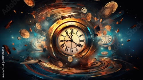 Time Warp, Surreal Clockwork Art Abstraction with Vibrant Gears, Antique Numerals and Futuristic Design, Rush Hour