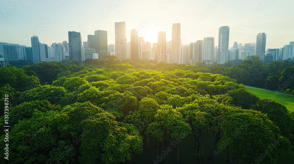 Fototapeta premium Planting trees for future generation, Aerial view of lush urban park surrounded by skyscrapers at sunset