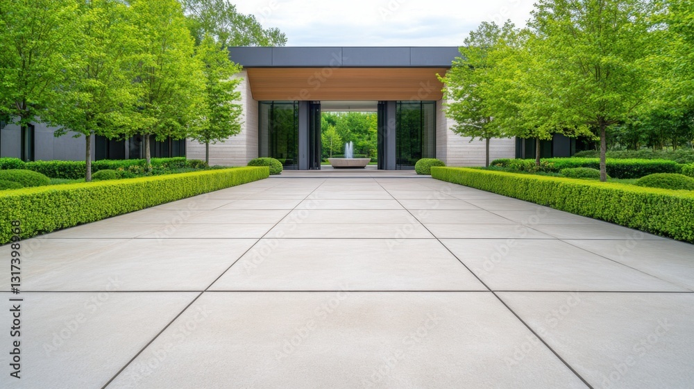 A spacious courtyard with a minimalist landscape design: perfectly trimmed shrubs A spacious courtyard with a minimalist landscape design: perfectly trimmed shrubs