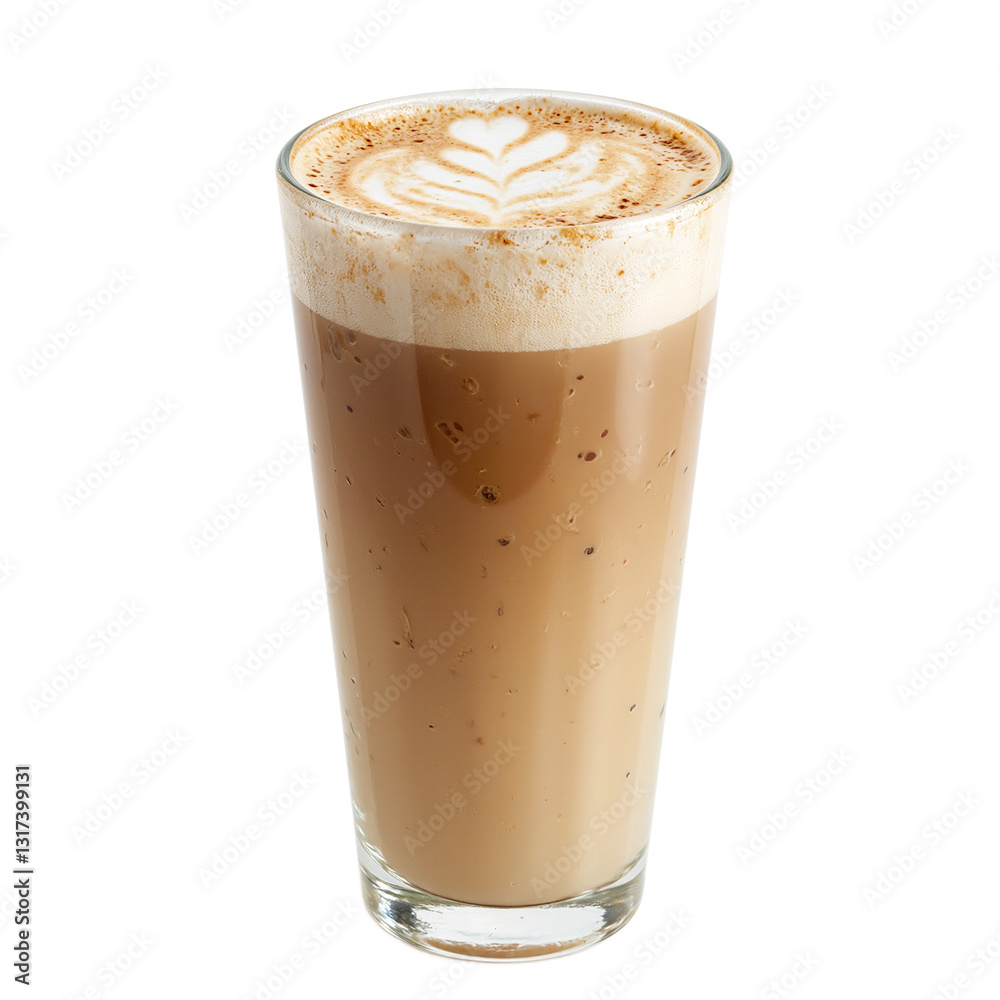 Indulge in a creamy vanilla latte with intricate foam art elegantly presented in a clear glass on a white background Indulge in a creamy vanilla latte with intricate foam art elegantly presented in a clear glass on a white background