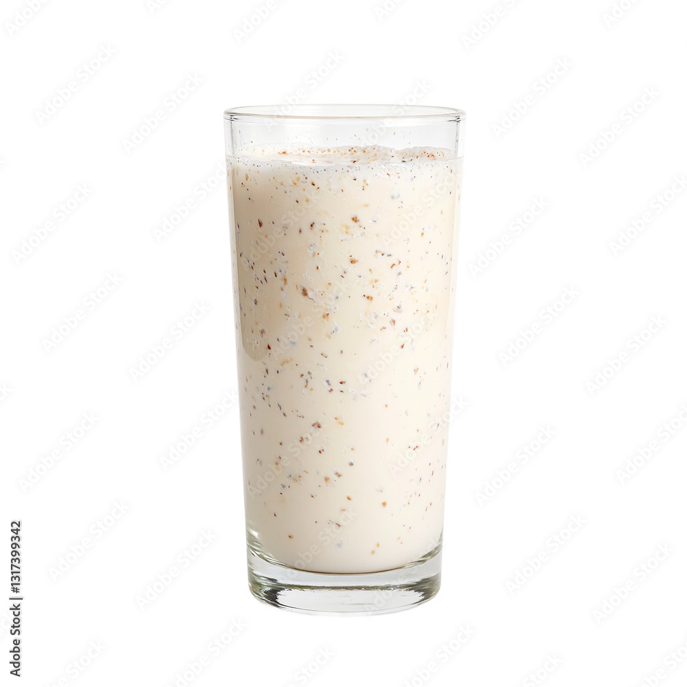 Delicious almond milk in a clear glass showcasing its creamy texture and nutty essence against a pristine white backdrop Delicious almond milk in a clear glass showcasing its creamy texture and nutty essence against a pristine white backdrop