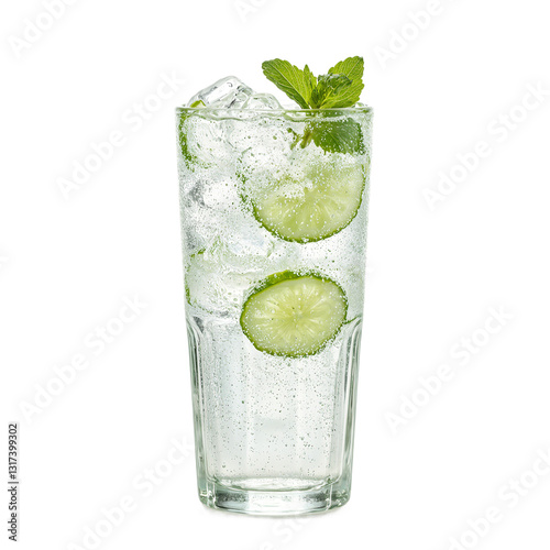 Refreshing gin and tonic cocktail with lime and cucumber slices showcasing its crisp and bubbly appearance