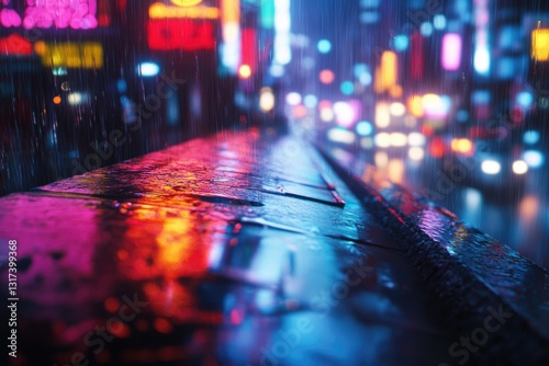 A city street scene at night with rain pouring down