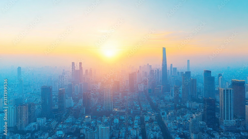 Fototapeta premium Sunrise over a sprawling cityscape, with hazy atmospheric perspective and warm toned light illuminating the skyscrapers.