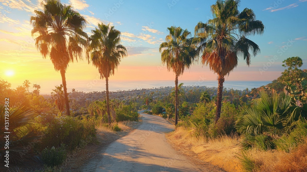 Sunrise over a cityscape viewed from a trail, palm trees in the foreground, warm light and fog in the valley below. Sunrise over a cityscape viewed from a trail, palm trees in the foreground, warm light and fog in the valley below.