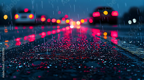 Colorful Bokeh From City Lights Reflecting on a Wet Asphalt Road During a Night Rain Shower
