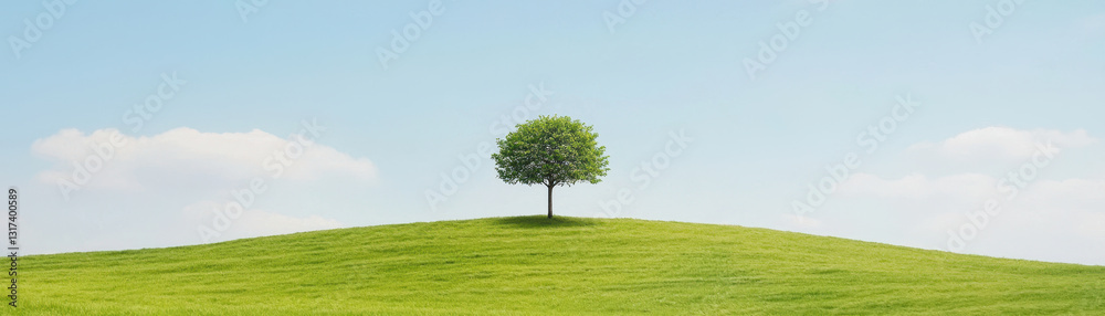 Obraz premium Planting trees for future generation, single tree stands against vast landscape, symbolizing solitude and peace