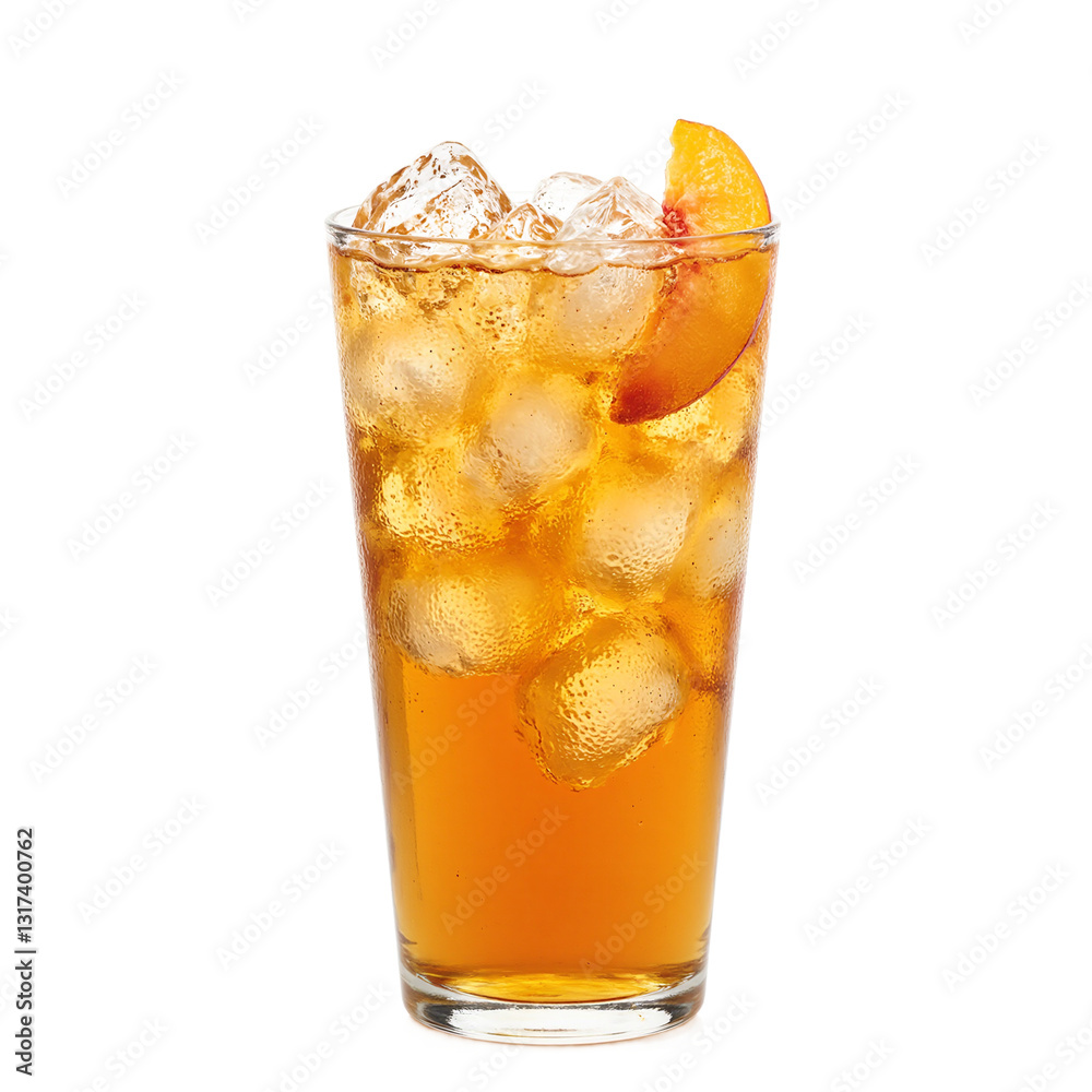 Refreshing peach iced tea in a clear glass with peach slice and ice cubes Golden hues pop against a white background Refreshing peach iced tea in a clear glass with peach slice and ice cubes Golden hues pop against a white background