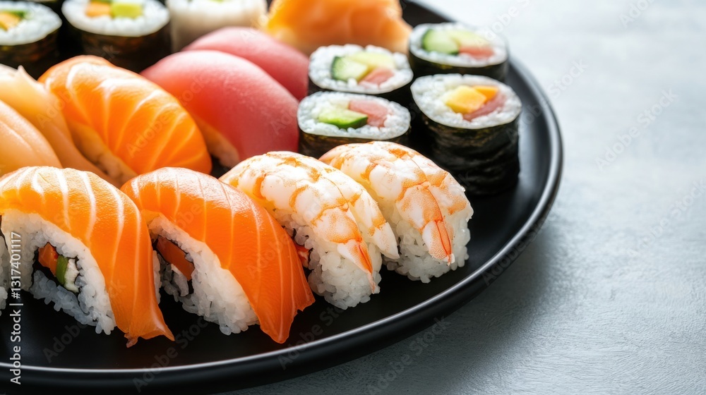 A top-down shot of a sushi platter with various nigiri and maki rolls, elegant presentation A top-down shot of a sushi platter with various nigiri and maki rolls, elegant presentation
