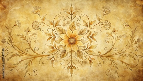 Wallpaper Mural An ornate vintage floral design on aged paper with intricate swirls and delicate leaves, creating a timeless and elegant motif. Torontodigital.ca