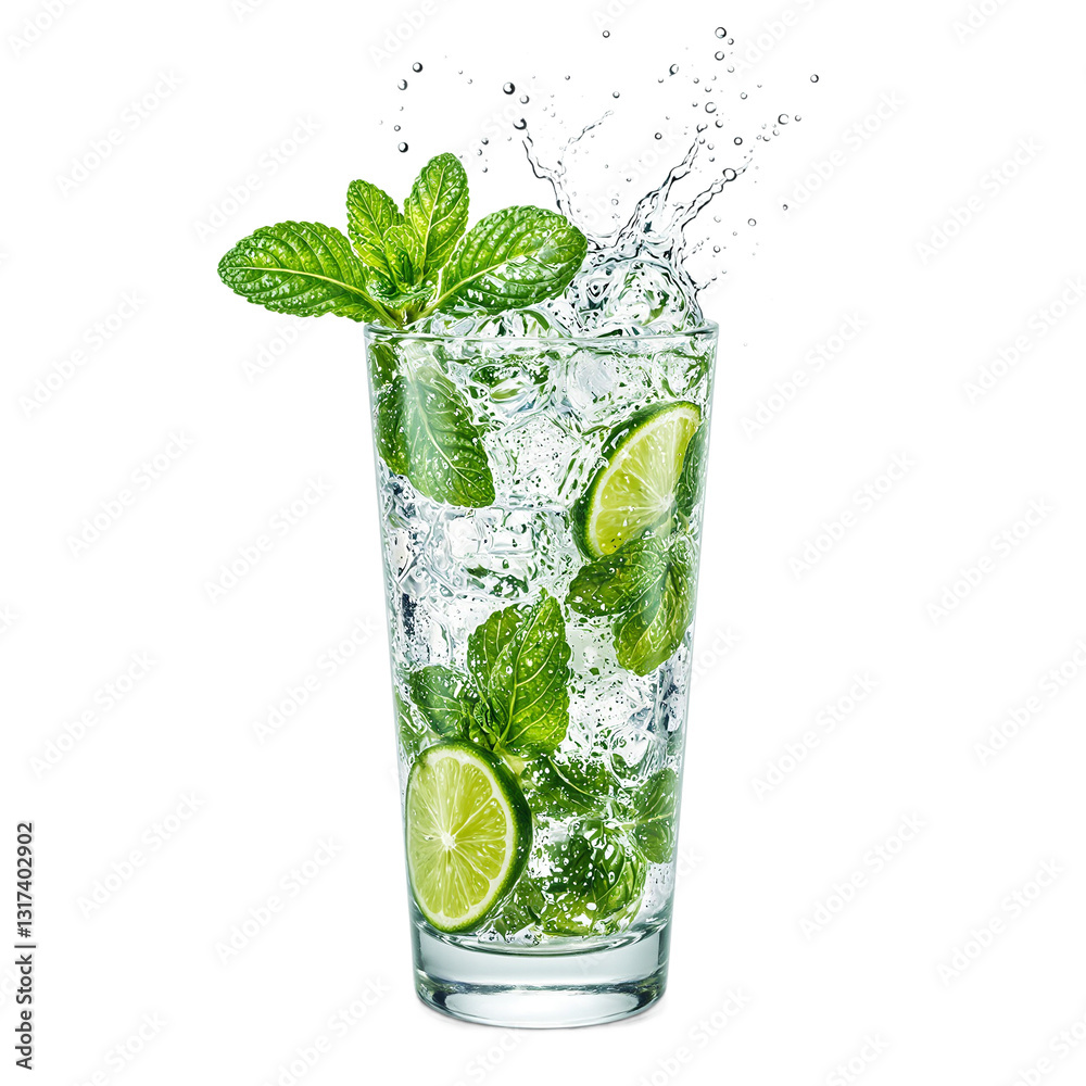 Refreshing mojito drink in tall glass with mint leaves lime wedges and fizzy bubbles evoking a cool and invigorating vibe Refreshing mojito drink in tall glass with mint leaves lime wedges and fizzy bubbles evoking a cool and invigorating vibe