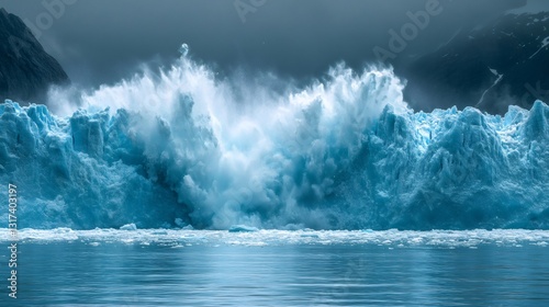 Glacier collapsing and creating huge wave in arctic ocean