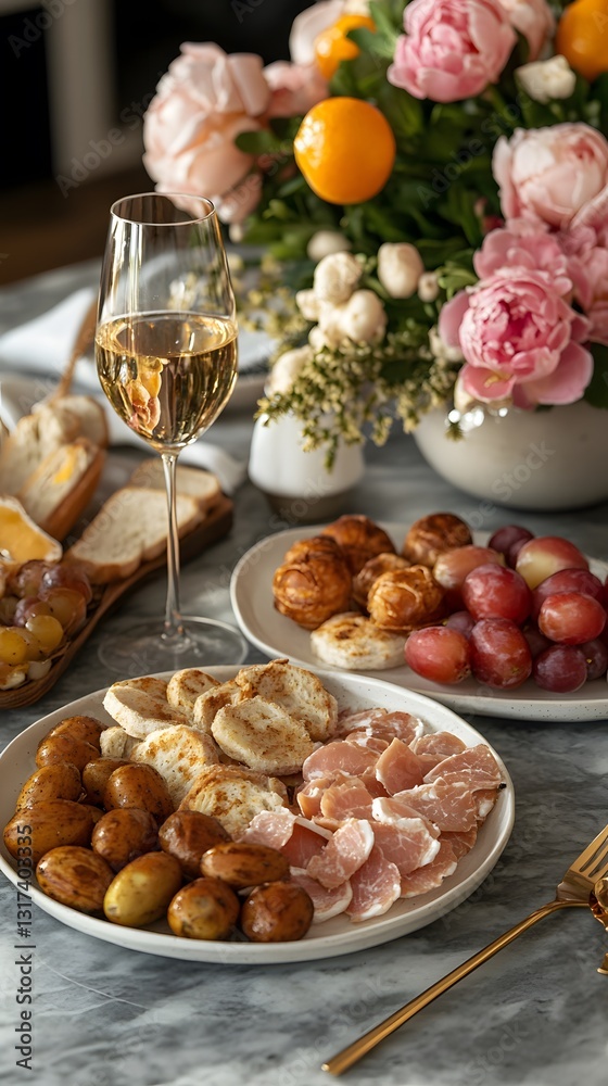 Fototapeta premium Elegant dining setup with a glass of sparkling wine, cured meats, and fresh flowers.