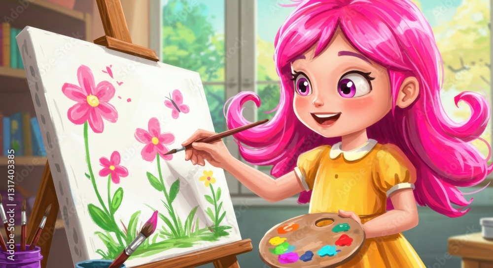 Young Girl Painting on Canvas