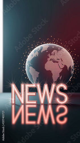 Global news concept image featuring a glowing Earth and neon 