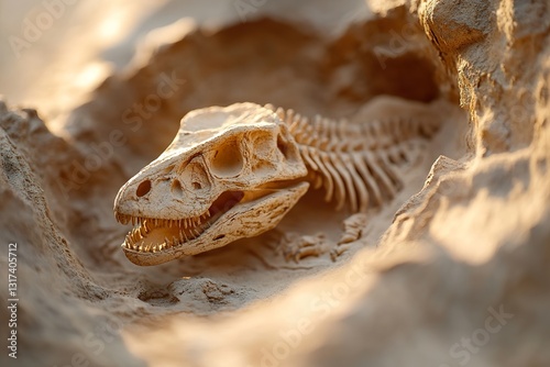 A detailed dinosaur fossil skeleton is perfectly preserved within an ancient rock formation. Soft golden light enhances the textures. Evokes a sense of cinematic paleontology photo