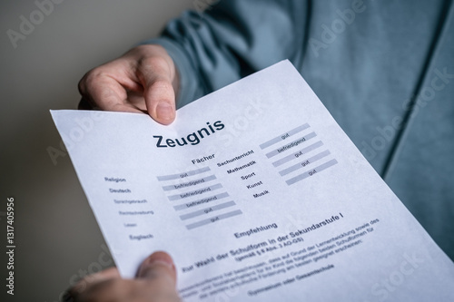 Nahaufnahme einer Zeugnisübergabe. Eine Person reicht einer anderen ein Schulzeugnis mit Notenübersicht. Das Bild steht für Bildung, Schulabschluss, Leistungsbewertung und akademische Erfolge.