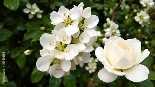 White flowers on a green bush. Spring cherry apple blossom. The white rose is blooming.
