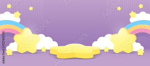 cute kawaii style star shape podium stage 3d illustration vector for putting product or object with rainbow arch and cloud on night purple background