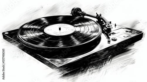 Vinyl record player spins; music; sketch style; white background; album art