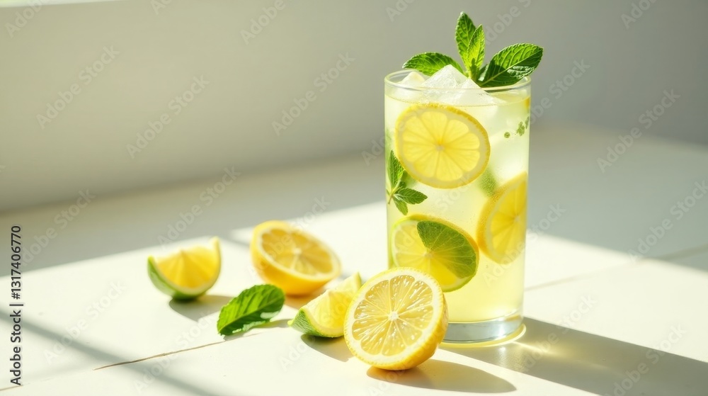 Fototapeta premium Refreshing citrus beverage with ice and mint garnish in a tall glass, accompanied by lemon and lime slices on a bright surface illuminated by sunlight.