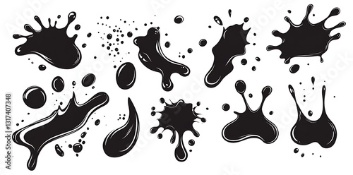 Black vector water or paint splashes and drops set, isolated on a white background