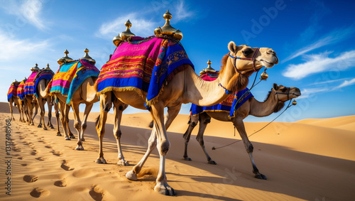 Caravan of Camels adorned with Vibrant Textiles Crossing the Desert Sands