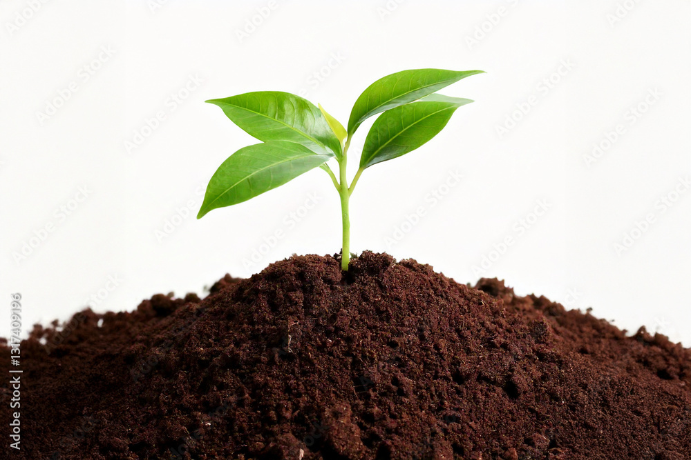 young plant growing from soil with a white backdrop