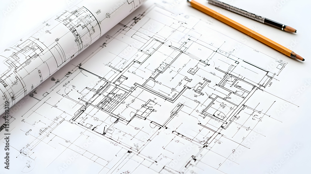 Detailed Technical Drawing With Mathematical Formulas And Equations On White Paper With Pencils In Soft Light Detailed Technical Drawing With Mathematical Formulas And Equations On White Paper With Pencils In Soft Light