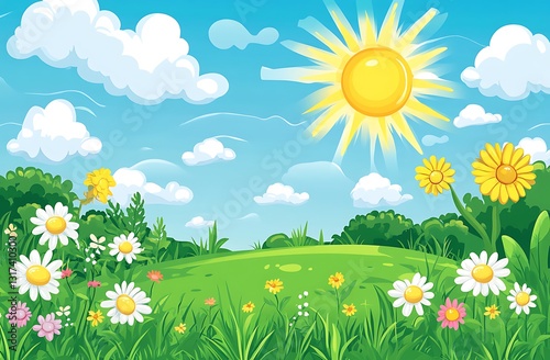 Cute cartoon vector-style landscape view of the sky with white clouds and the sun shining