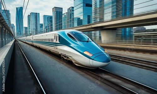 Shinkansen Bullet Train Speeding Through Modern City