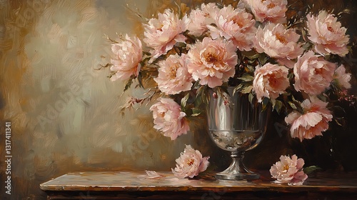 Fototapeta Naklejka Na Ścianę i Meble -  A richly textured oil painting of lush pastel-colored peonies cascading from a silver vase onto a rustic wooden table, soft natural lighting highlighting the petals, warm earthy background,