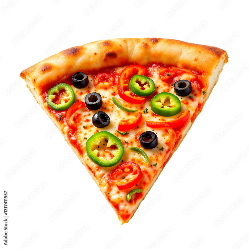 Close-up of a delicious pizza slice with jalapenos, olives, and tomatoes. Close-up of a delicious pizza slice with jalapenos, olives, and tomatoes.