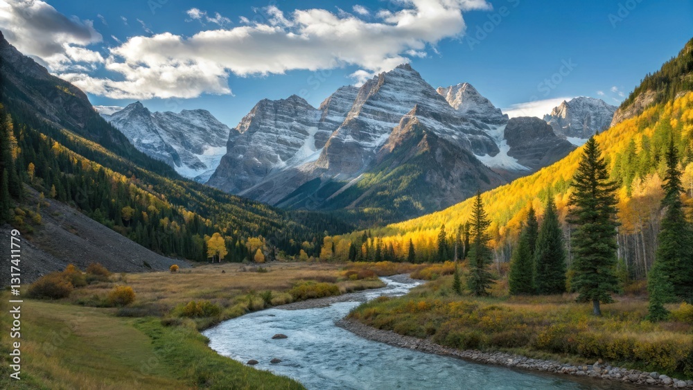 Fototapeta premium Majestic mountain range, Winding river, Lush green forests