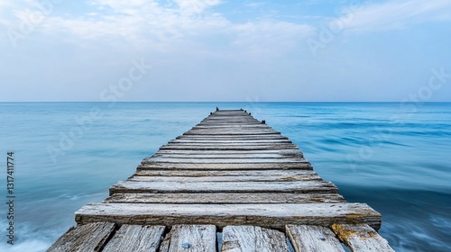 Serene Seascape: Wooden Pier Extending into Calm Ocean Waters under a Pale Sky