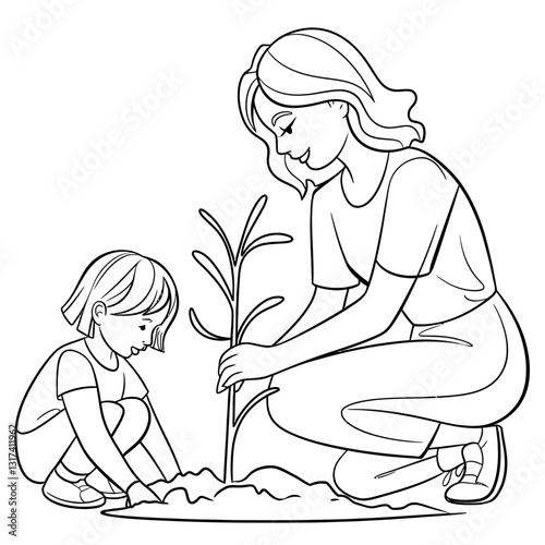 Mother and Daughter Planting a Tree, a heartwarming illustration.