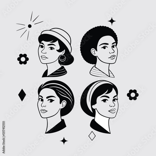  Diverse Women Portraits Illustration Black and White Retro Fashion Line Art with Geometric Shapes and Stars for Vintage Beauty and Feminine Power Graphics