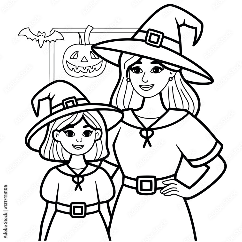 Mother and Daughter in Witch Costumes, Ready to Color Mother and Daughter in Witch Costumes, Ready to Color