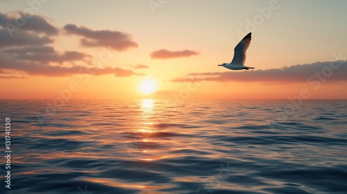 Serene Sunset Seascape: A Lone Seagull Soaring Over the Golden Ocean Waves at Dusk