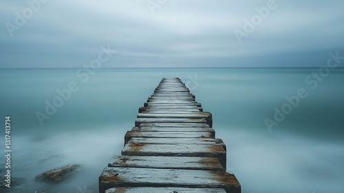 Serene Seascape: A Wooden Pier Extending into a Calm Ocean under a Cloudy Sky