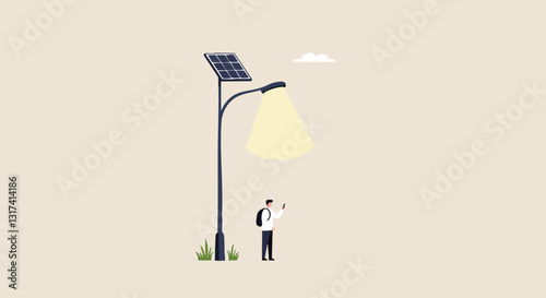 Businessman under a solar-powered streetlight, checking his phone, symbolizes clean energy and modern technology.