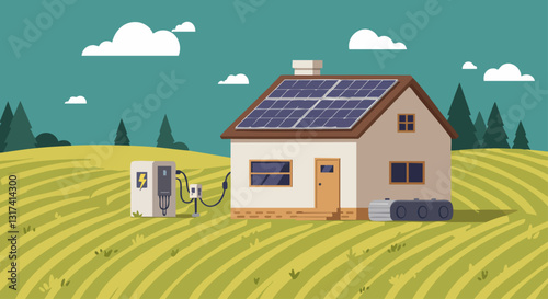 Illustration of a house with solar panels and an electric vehicle charging station amidst a scenic countryside.