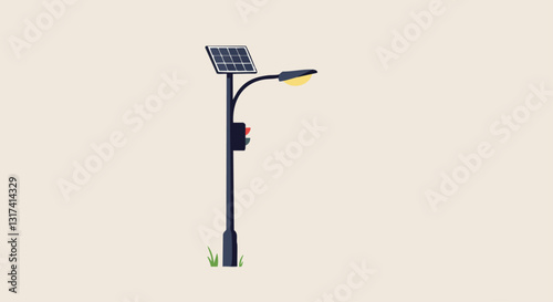 Minimalist illustration of a solar-powered street light with a traffic signal, showcasing eco-friendly technology and clean design aesthetics.