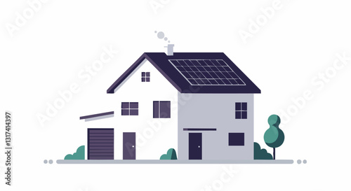 Illustration of a modern house with solar panels, featuring minimalist design and eco-friendly energy solutions.