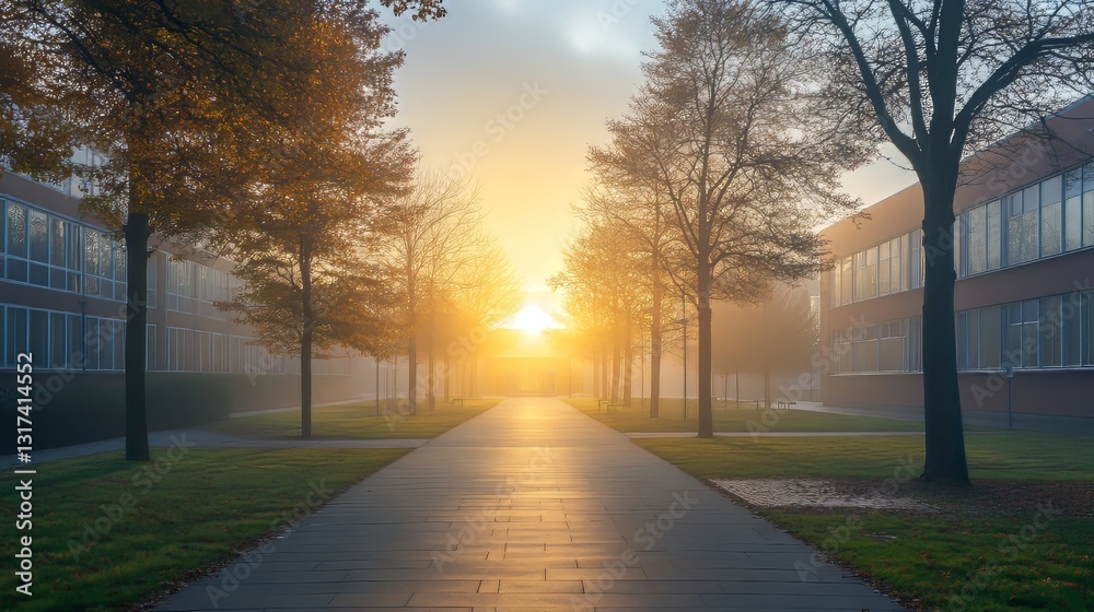 Obraz premium Majestic sunrise over a tranquil campus, framed by autumn trees and morning mist.