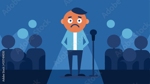 Public Speaking Phobia The character stands nervously in front of an audience microphone in hand sweating profusely while the audiences faces are blurred emphasizing their
