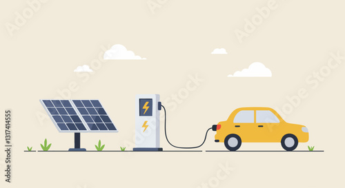Illustration of a solar panel charging station powering an electric car, highlighting clean energy and sustainable transportation.